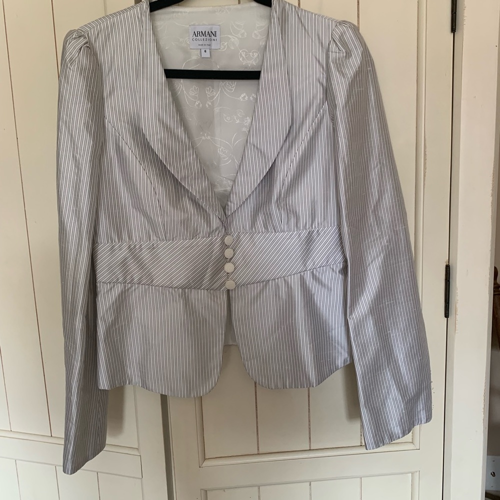 ARMANI COLLEZIONI Ivory & Gray SILK SHANTUNG BUTTON UP  BLAZER Sz 6